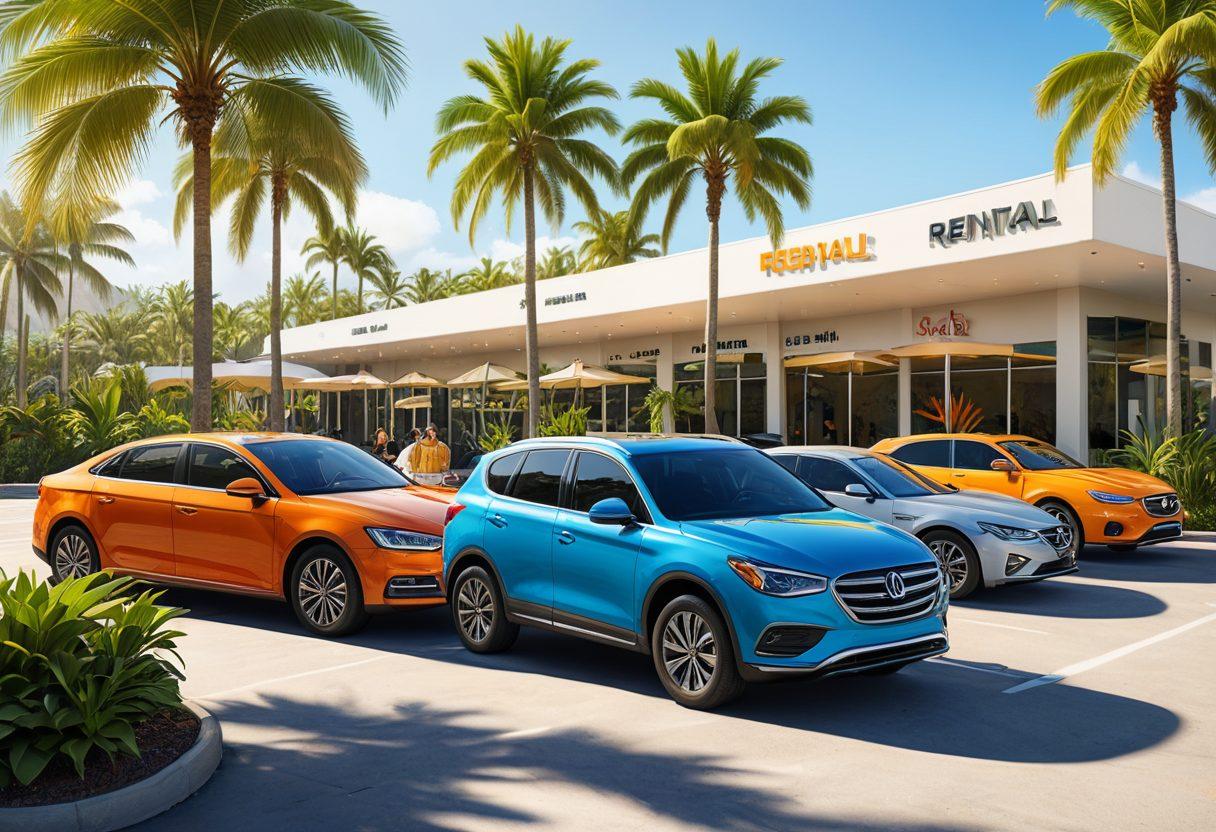 A bustling car rental lot showcasing a variety of well-maintained premium and economy vehicles, some with discount tags hanging from their mirrors. The setting includes a friendly rental agent assisting a happy customer at a sleek desk, surrounded by lush palm trees in a sunny, inviting environment. vibrant colors. semi-realistic.