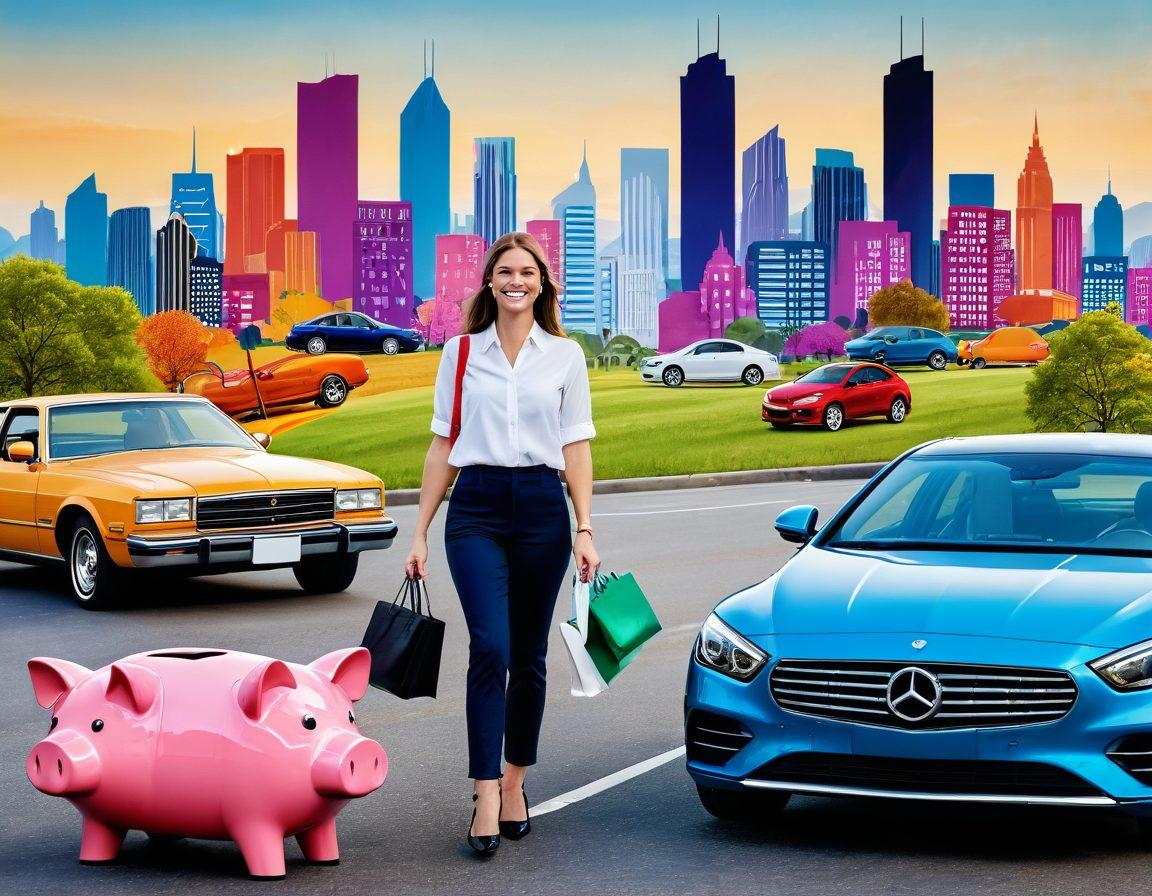 A person happily standing next to a family car and a luxury car, both with price tags showing significant discounts. The background shows a cityscape and a scenic countryside representing urban and rural travel options. There are graphs and piggy banks floating around, visually emphasizing savings. vibrant colors. super-realistic.