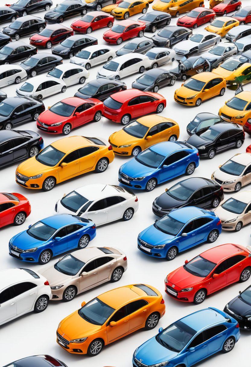 An image of a mix of cars, from compact budget vehicles to luxurious high-end models, lined up in front of a modern car rental agency. Add price tags and discount signs around them with excited customers making bookings. super-realistic. vibrant colors. white background.